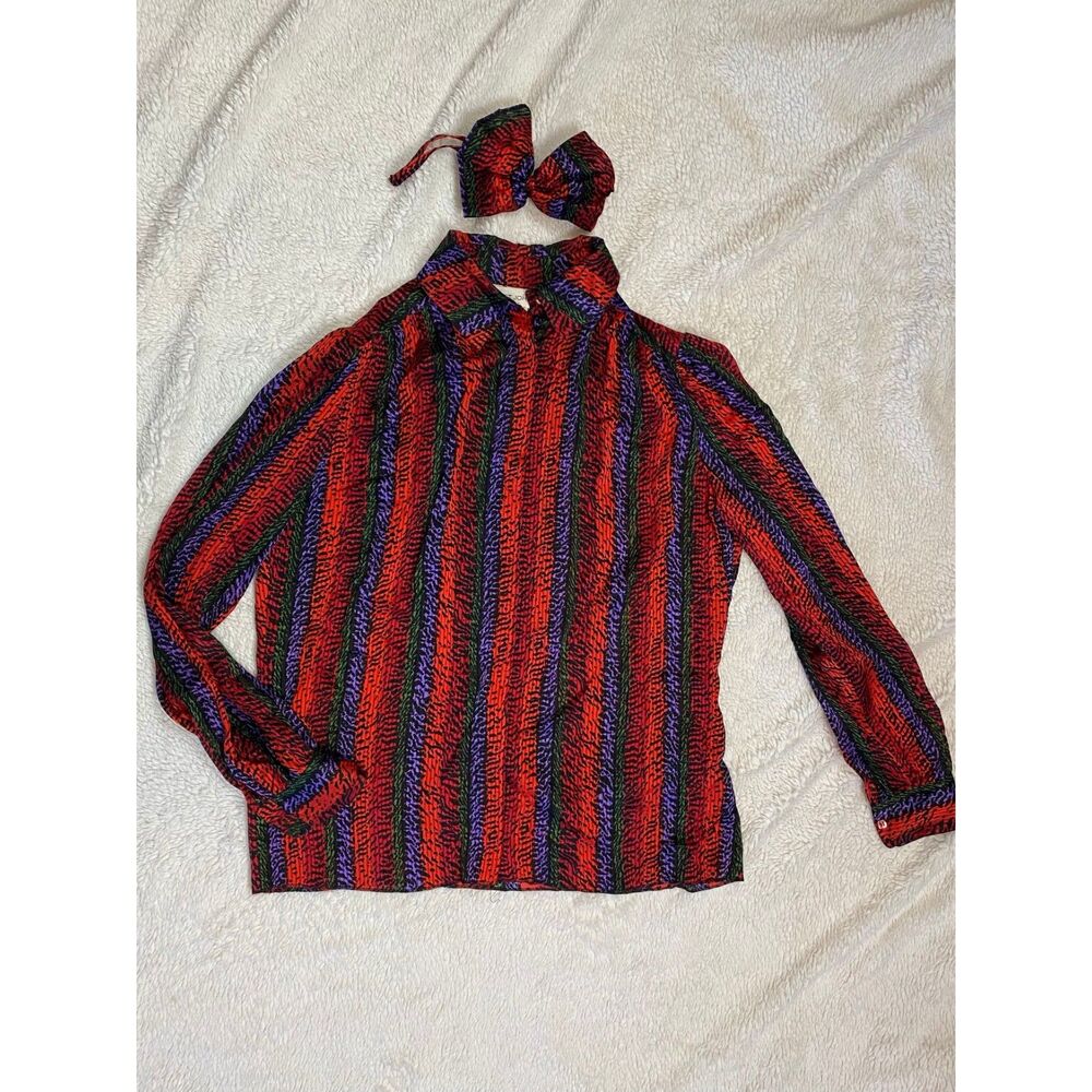 Vintage St. John Women's Long Sleeve Shirt Sz 8 Colorful Striped with Bow Tie